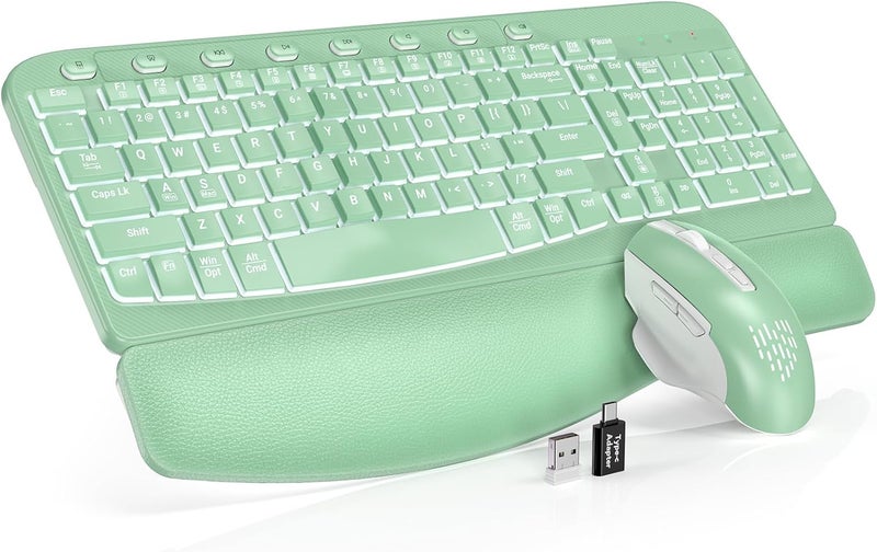 SABLUTE Ergonomic Wireless Keyboard and Mouse Combo - Wave Keyboard with Soft Leather Wrist Rest, Resistant Keys, RGB Backlit Rechargeable Set for PC/Mac/Chromebook (Green) - Image 1